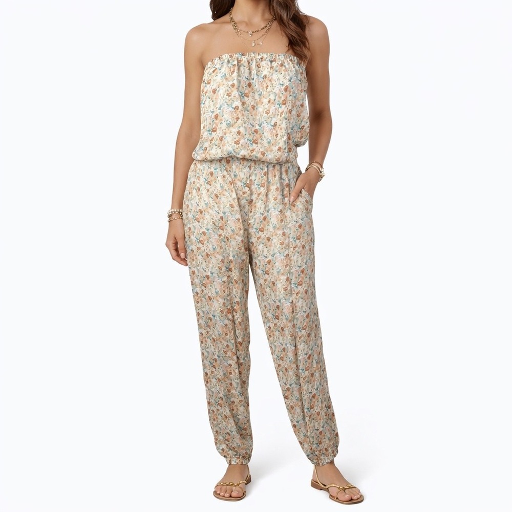 The Vanity Room Floral Strapless Jumpsuit Neutral Multi Elastic Waist Medium